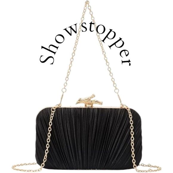 Black Clutch Purses for Women Evening Bag Pleated Clutch Bag with Chain - Picture 2 of 5